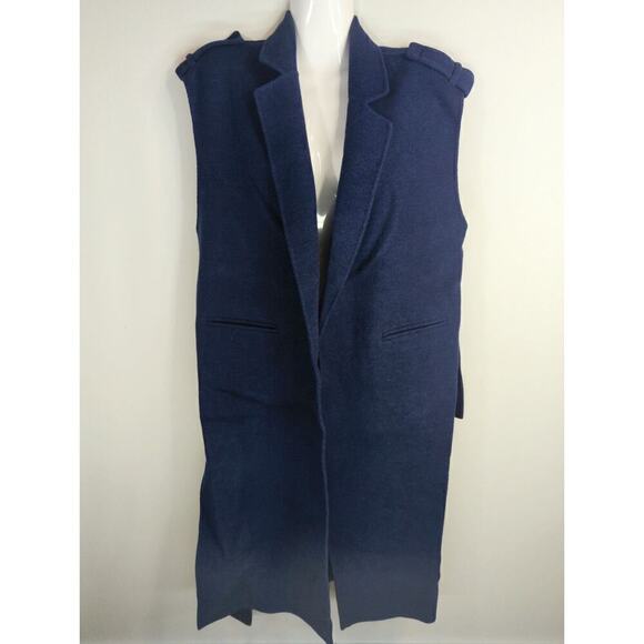 Sandro Paris Blue Wool Belted Vest Long Coat Outdoor Topper Layer Size 8 - Picture 1 of 13